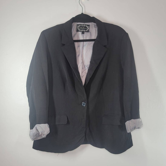 Ambiance Women's Single Button Lined Blazer Jacket Black White Plus Size 1X - Picture 1 of 5